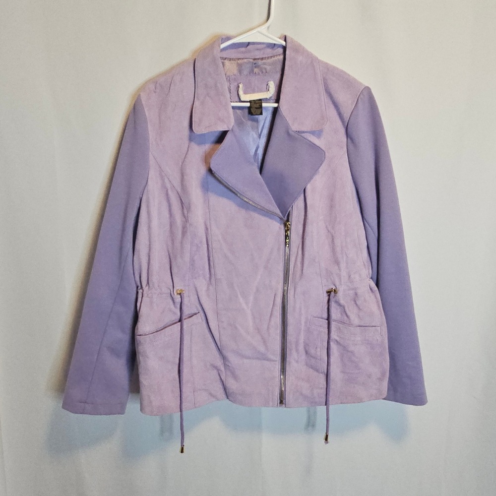 IMAN Suede Moto Jacket Large Lavender Purple Mixed Media Biker‎ Pastel Chic